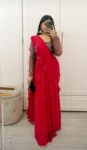 Embroidered blouse with pink ruffle saree 1