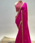 Rani pink silk saree with hand embroidered blouse 1