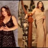 Black mirror work lehenga + Champagne sequin saree