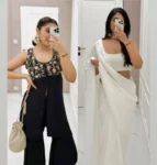 Black short slit kurti with sharara + Ivory uppada silk saree with embellished blouse