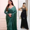 Bottle green chiffon satin saree with embroidered blouse + black short slit kurti with sharara