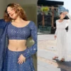 Navy blue lucknowi lehenga with embroidered dupatta + White chanderi anarkali suit