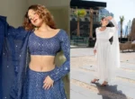 Navy blue lucknowi lehenga with embroidered dupatta + White chanderi anarkali suit