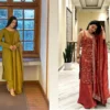 olive golden tissue suit+orange sharara set