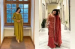 olive golden tissue suit+orange sharara set