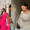 Pink ruffle saree with embroidered blouse + Off white luckwoni lehenga with embroidered dupatta