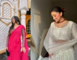 Pink ruffle saree with embroidered blouse + Off white luckwoni lehenga with embroidered dupatta