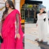 Pink ruffle saree with embroidered blouse + White chanderi anarkali suit