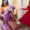 Purple tissue sharara+Red georgette suit
