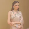Beige modal satin saree with hand embroidered blouse 1