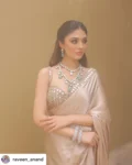 Beige modal satin saree with hand embroidered blouse 1