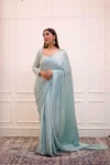 Blue chiffon saree with embroidered blouse 1