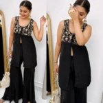 Black Slit Embroidered Short Kurti With Sharara 4