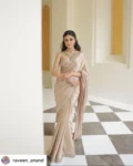 Beige modal satin saree with hand embroidered blouse 5