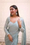 Blue chiffon saree with embroidered blouse 3