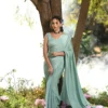 Aqua blue chinnon saree with hand embroidered blouse 2