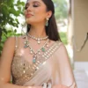 Beige modal satin saree with hand embroidered blouse 2