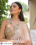 Beige modal satin saree with hand embroidered blouse 2