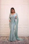 Blue chiffon saree with embroidered blouse 2