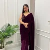 Wine Velvet Saree With Embroidered Blouse 1