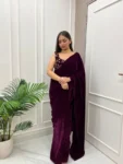 Wine Velvet Saree With Embroidered Blouse 1