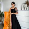 Black Anarkali With Embroidered Sleeves And Yellow Heavy Work Duppatta 1