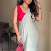 Sea Green Ruffle Saree With Mirror Work Hot Pink Blouse 1