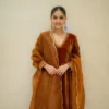 Burnt orange velvet suit with embroidered dupatta and pants 1