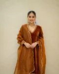 Burnt orange velvet suit with embroidered dupatta and pants 1