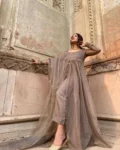 Dark Golden Organza Suit With Slit 1
