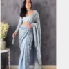 Silver grey velvet saree with embroidered blouse 1