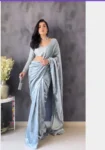 Silver grey velvet saree with embroidered blouse 1