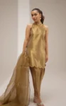 Golden tissue short kurti suit with hand embroidered dupatta 1