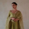 Green uppada silk anarkali with hand embroidered sleeves 1