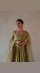 Green uppada silk anarkali with hand embroidered sleeves 1