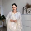 Milky white uppad silk suit with organza hand embroidered duppatta 1