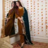 Mud Yellow Velvet Suit With Teal Blue Embroidered Dupatta 1