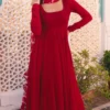 Red flowy georgette anarkali suit with lehriya dupatta 1