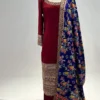Red straight cut suit with ikat patan patola duppatta 1