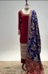 Red straight cut suit with ikat patan patola duppatta 1