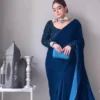 Teal Blue Velvet Saree 1