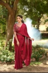 Wine chinnon saree with hand embroidered blouse and waisi belt
