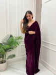 Wine Velvet Saree With Embroidered Blouse 4