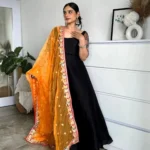 Black Anarkali With Embroidered Sleeves And Yellow Heavy Work Duppatta 5