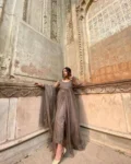 Dark Golden Organza Suit With Slit 2