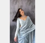 Silver grey velvet saree with embroidered blouse 6