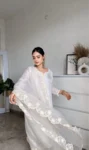 Milky white uppad silk suit with organza hand embroidered duppatta 3