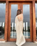 Tan gold laser georgette saree with oat golden blouse 4