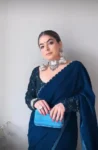 Teal Blue Velvet Saree 3