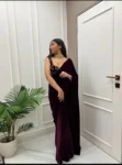 Wine Velvet Saree With Embroidered Blouse 5
